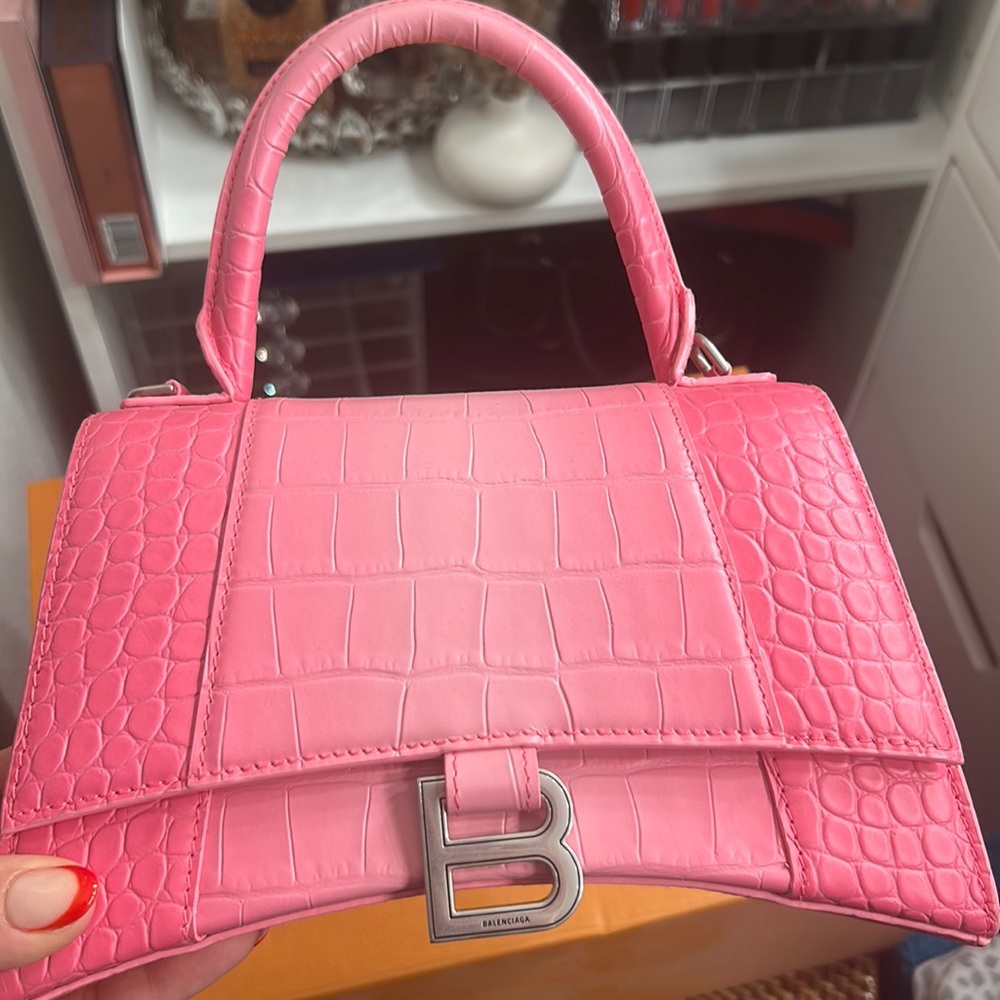 BALENCIAGA HOURGLASS CROCODILE EMBOSSED PINK HANDBAG